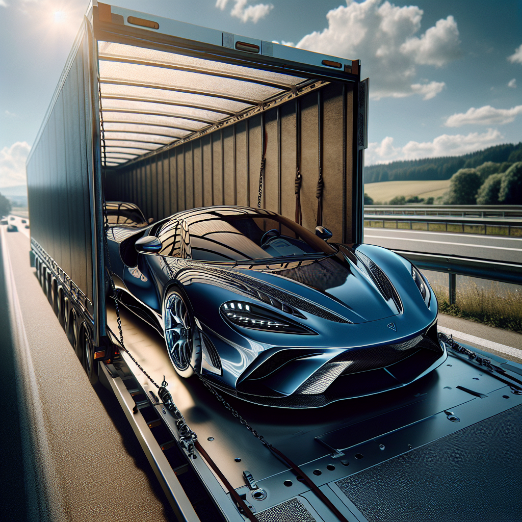 A luxurious red exotic car inside a shiny silver enclosed transport carrier.