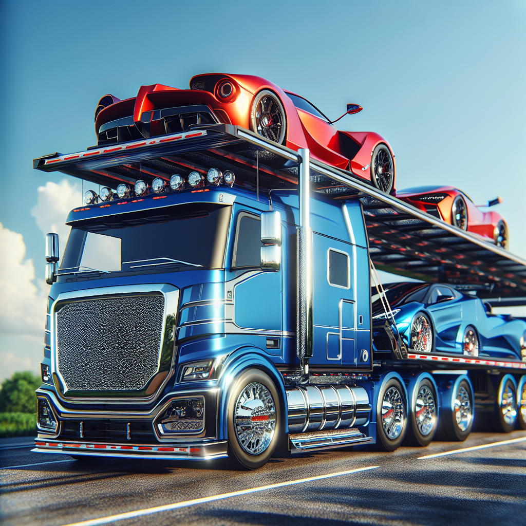 A white luxury car on an open transport truck in a green outdoor setting.